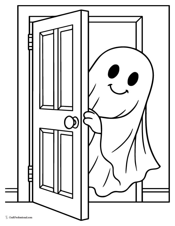 Ghost peeking behind a door, easy coloring page