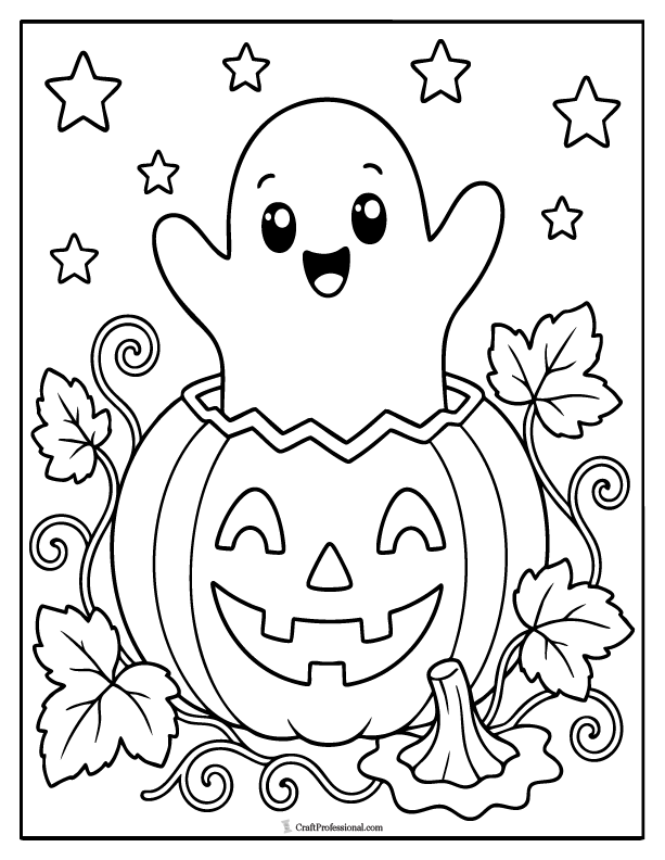 Ghost peeking out of a jack-o'-lantern coloring page with leaves, vines, and stars.