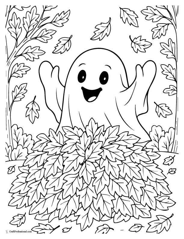 Ghost playing in a pile of leaves, Halloween coloring page