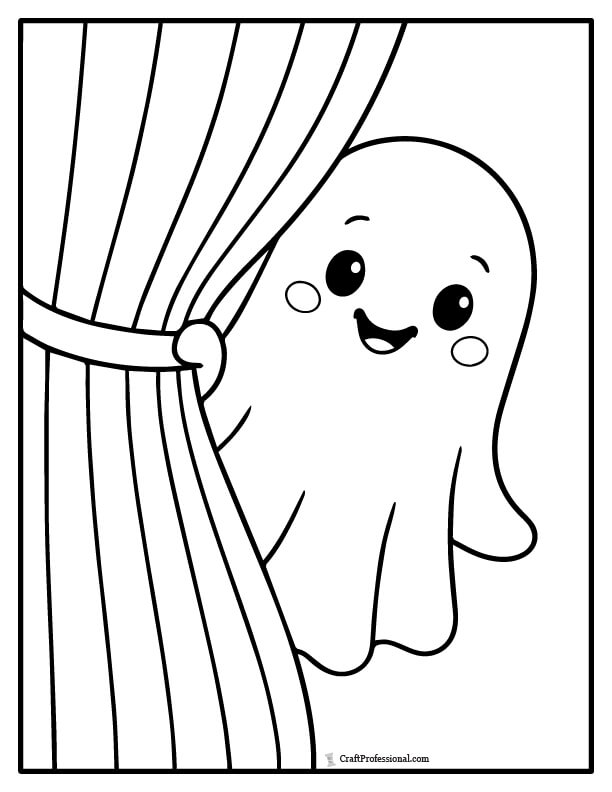 Ghost playing peek-a-boo from behind a curtain, easy coloring pages