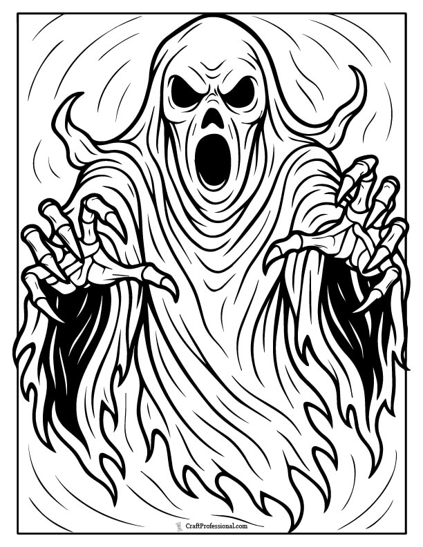 Ghost reaching out with skeletal hands, scary coloring page