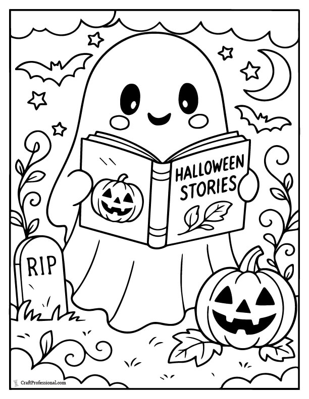 Ghost reading a Halloween storybook, coloring sheet