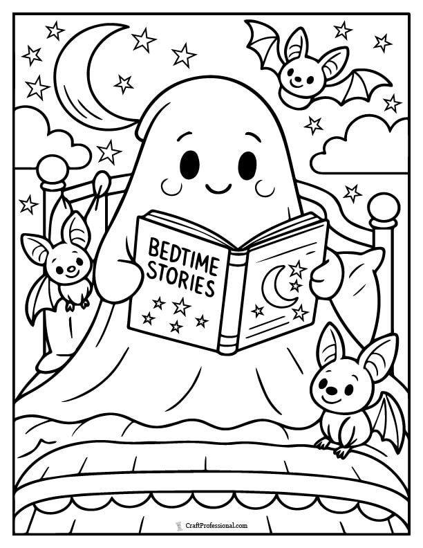 Ghost reading a bedtime story to bats coloring page