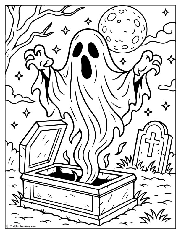 Angry ghost rising from a tomb coloring page