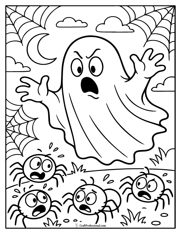 Ghost scaring a group of cartoon spiders coloring sheet