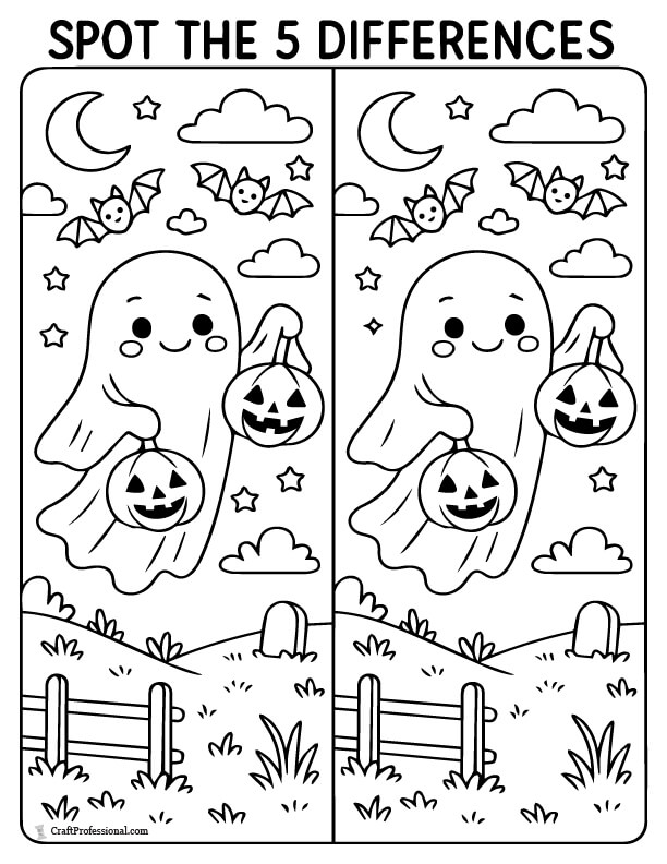 Spot the differences between two ghosts worksheet and coloring page