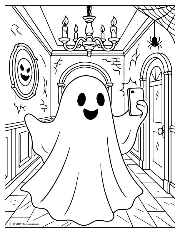 Ghost taking selfies in a haunted hallway coloring sheet