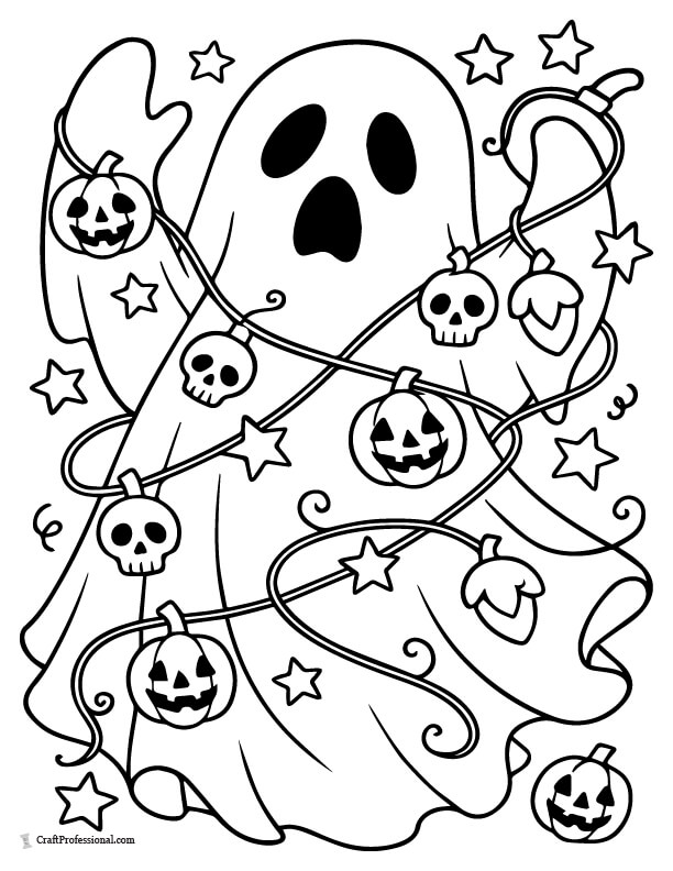 Ghost tangled in a string of Halloween lights, coloring page