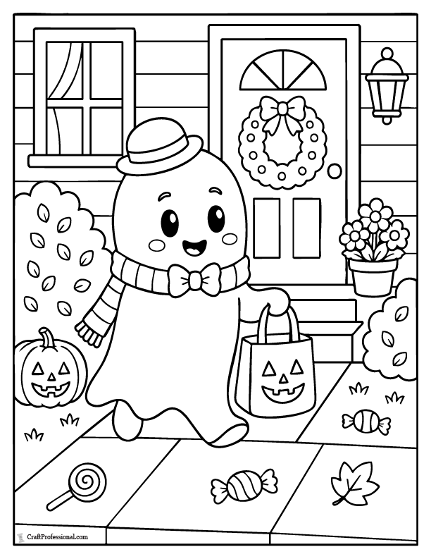 Ghost with trick-or-treat bag coloring page with candy, sidewalk, and front door.