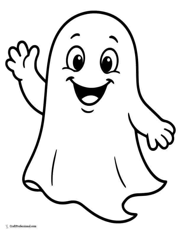 Ghost waving hello with big smile, coloring page