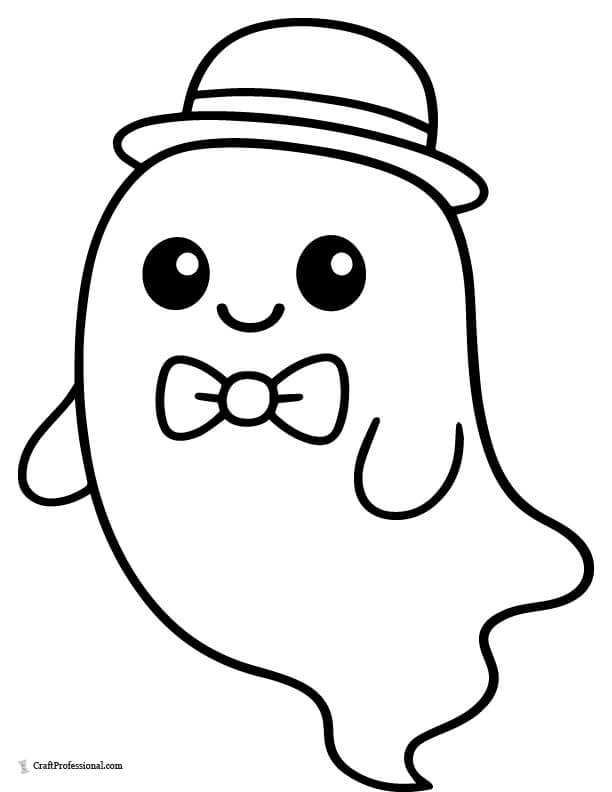 Ghost wearing a bow tie and hat, easy coloring page
