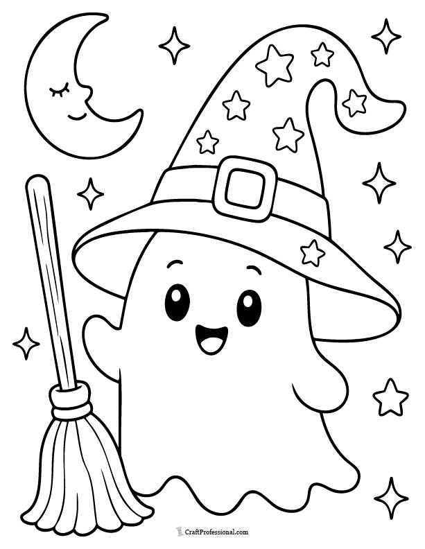 Cute ghost in a witch hat coloring page with broom, moon, stars, and sparkles.