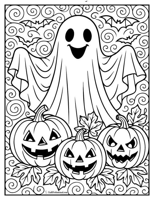 Ghost with bats and pumpkins background, detailed coloring sheet