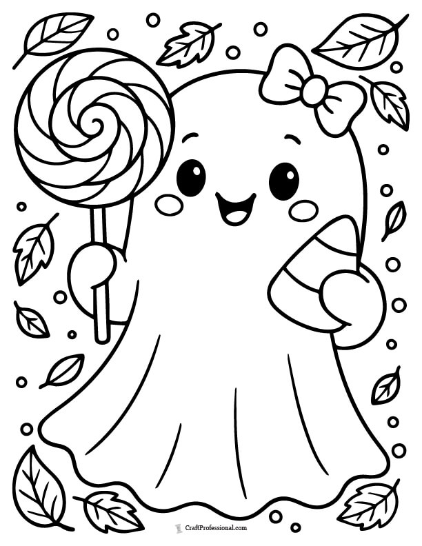 Ghost with a lollipop and candy corn coloring sheet