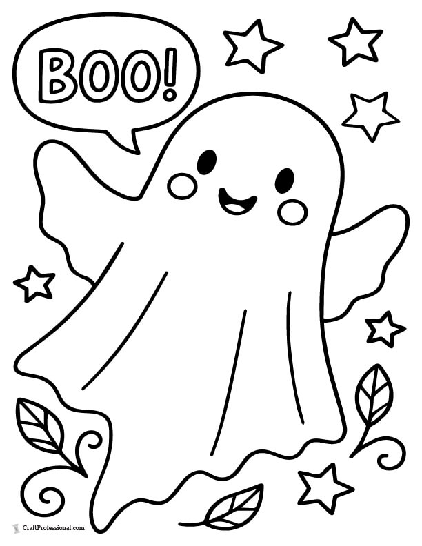 Ghost with simple "Boo!" text bubble coloring page