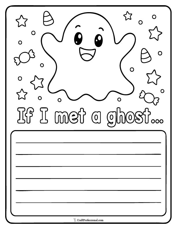 Friendly ghost writing prompt coloring page with lined space for a Halloween story activity.