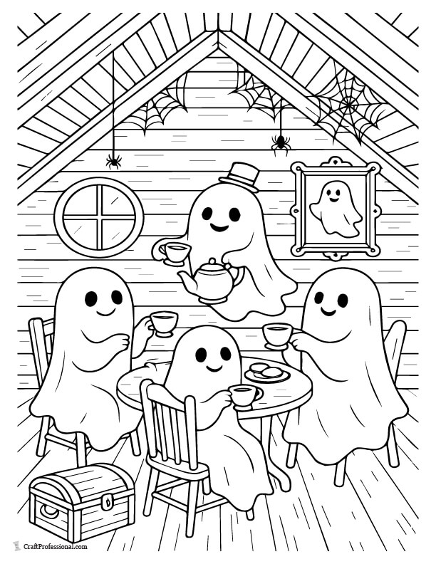 Ghosts having a tea party in the attic, detailed coloring page