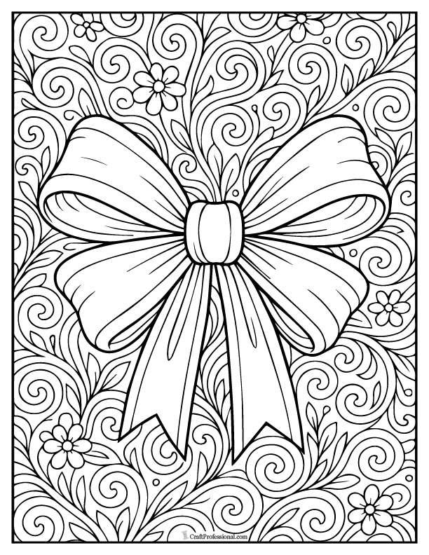 Close-Up of a giant bow with large ribbon loops, coloring page.