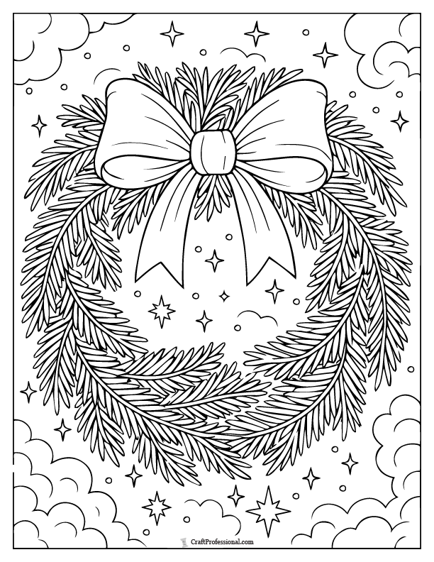 Giant Christmas wreath with a ribbon bow, coloring page.