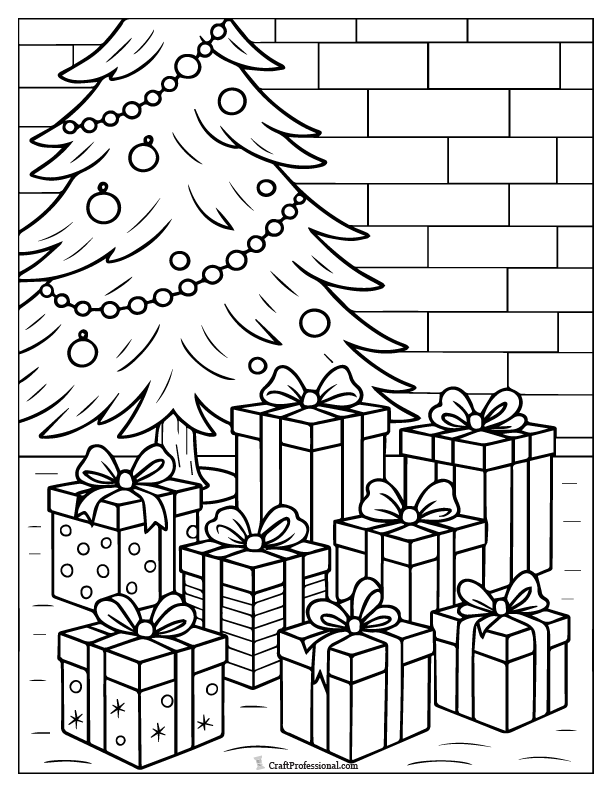 Christmas gift pile under a Christmas tree base, coloring page.