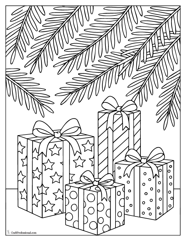Presents under tree branches, gifts in foreground coloring page.