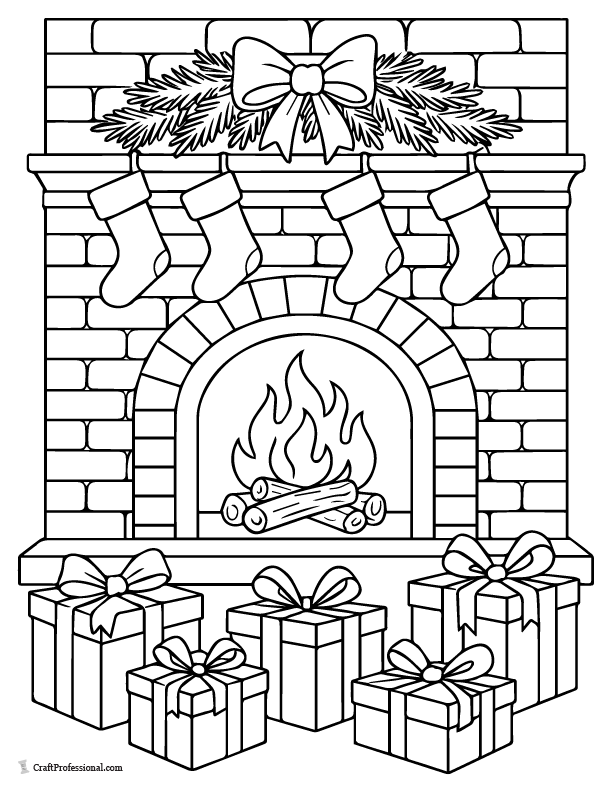 Gifts in front of fireplace hearth coloring page.