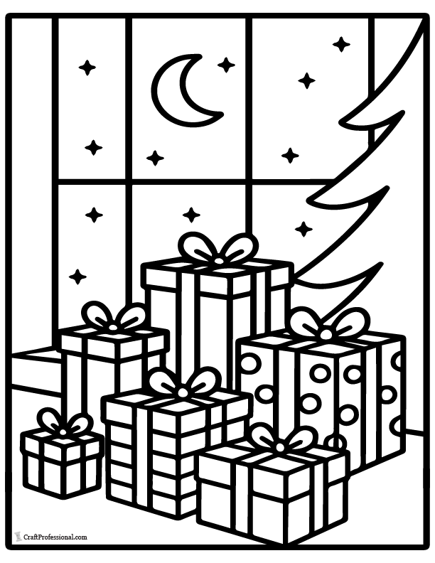 Presents under tree by window at night coloring page.
