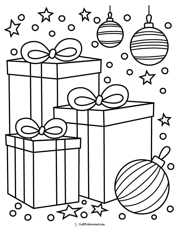 Gifts wrapped for Christmas surrounded by stars and ornaments coloring page