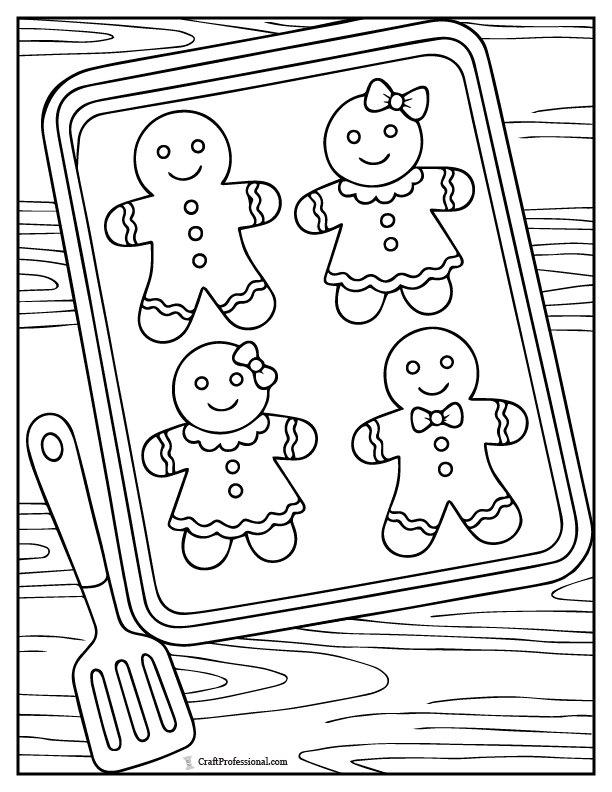 Gingerbread cookies on a tray, coloring page.