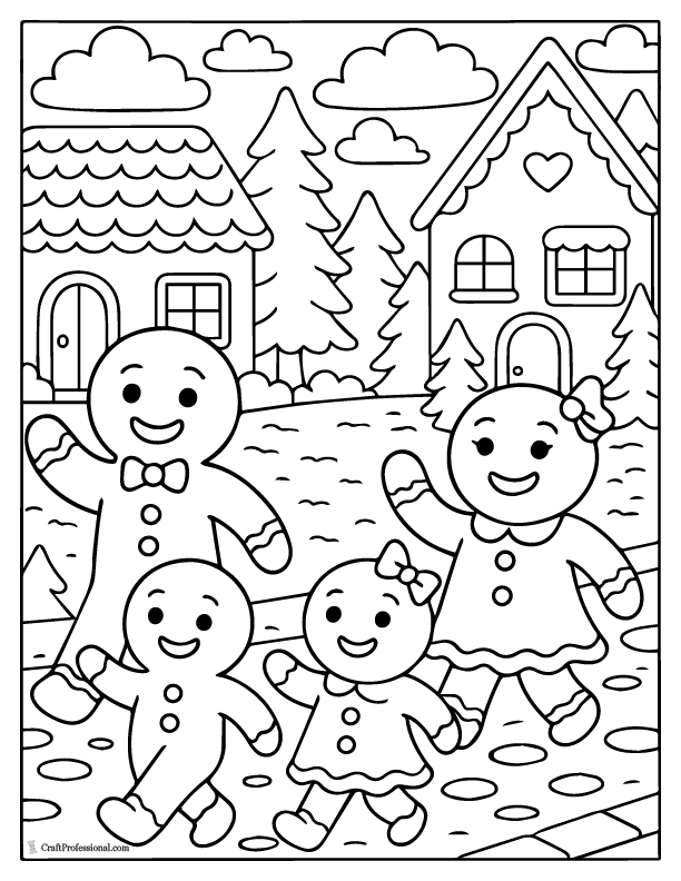 Gingerbread family walking down the street, waving, coloring page.