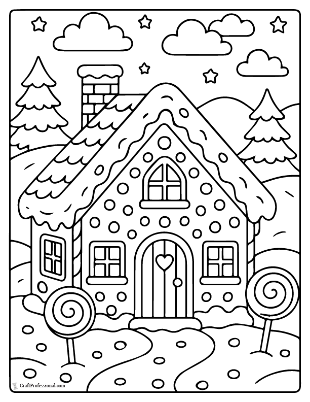 Gingerbread house, coloring page.