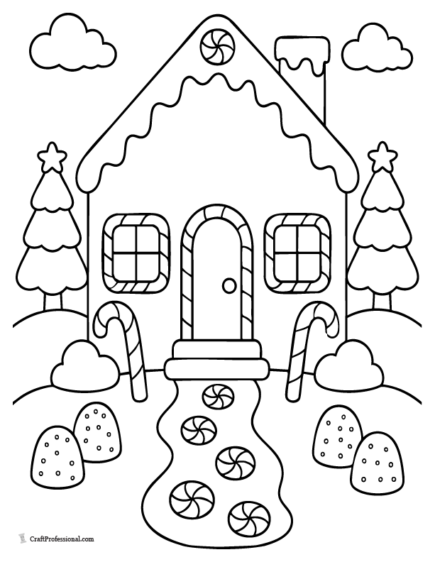 Gingerbread house decorating coloring page with icing, candy canes, gumdrops, peppermint candy, and holiday decorations.