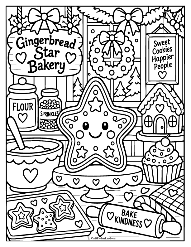 Gingerbread star in a Christmas bakery scene coloring page.