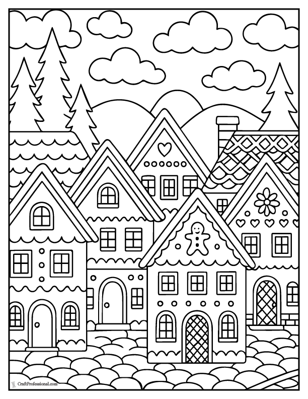 Row of gingerbread cookie houses on a village street, coloring page.