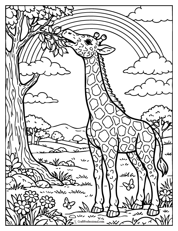 Giraffe reaching for rainbow-colored leaves in a jungle rainbow coloring page.