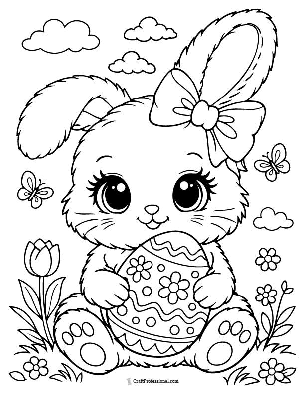 Cute girl bunny with bow holding decorated Easter egg coloring page printable.