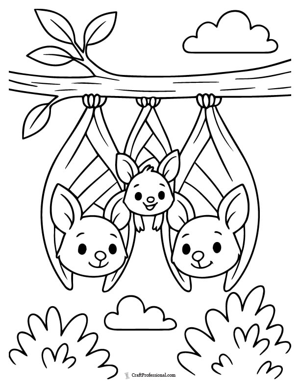 Three bats hanging upside down from a tree branch, all with smiling faces and tucked wings coloring sheets.