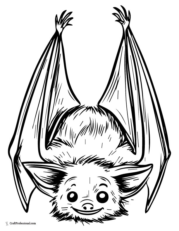 Single bat hanging upside down with large eyes and tiny fangs, coloring page.