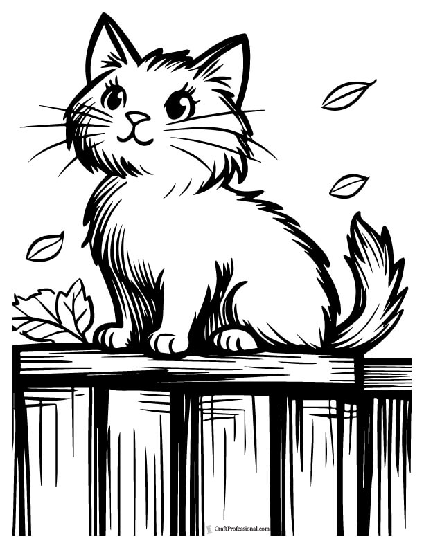Cute cat perched on a fence, looking alert coloring page.