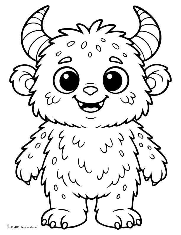Smiling, cute monster with round features and friendly eyes, perfect for young kids coloring page.