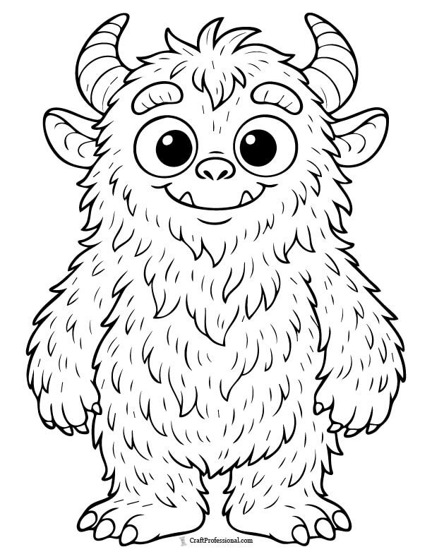 A lovable monster with quirky horns and a cheerful grin coloring page.