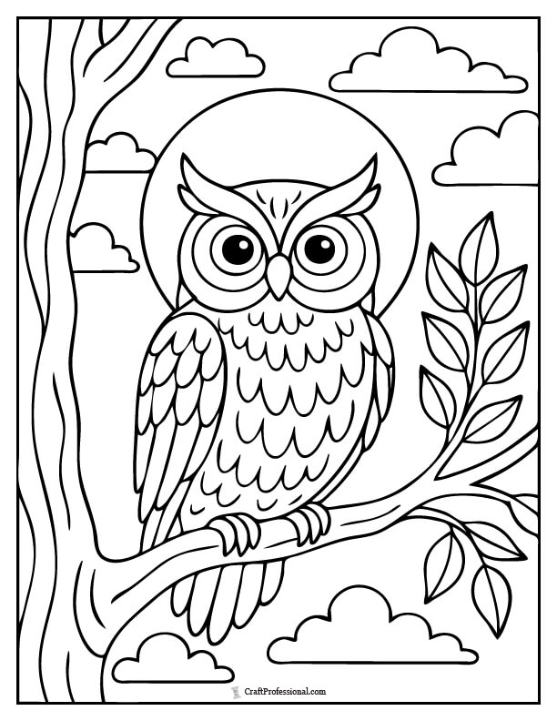 Wide-eyed owl sitting on a branch with a full moon in the background coloring page.