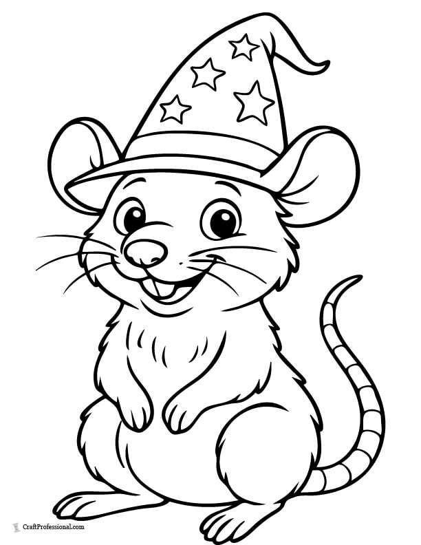 Whimsical rat with a pointed wizard's hat, smiling, coloring page.