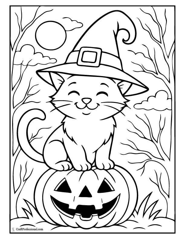 Friendly, smiling cat sitting atop a carved pumpkin, coloring page.