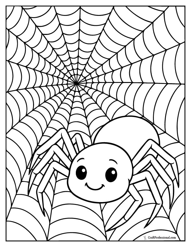 Smiling, cute spider on a web, coloring page.