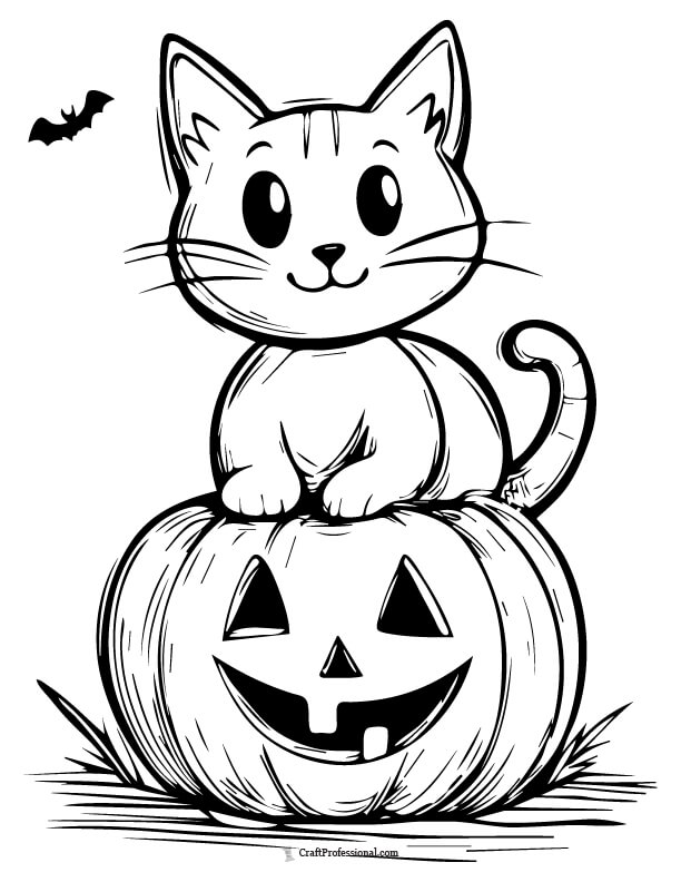 Smiling cartoon cat sitting on a jack o'lantern with a bat flying overhead coloring sheet