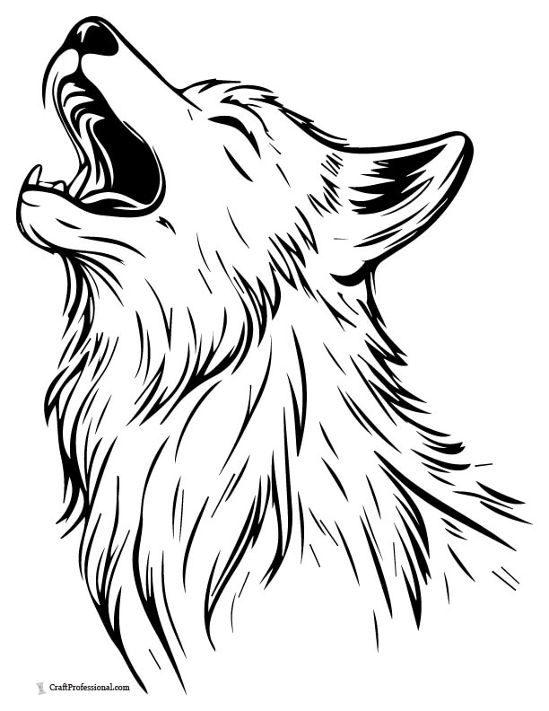 Wolf's head tilted upward in mid-howl, with dramatic fur detail coloring page.