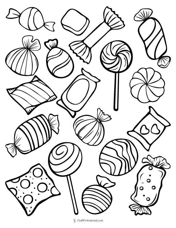 Coloring page with collage of Halloween candy