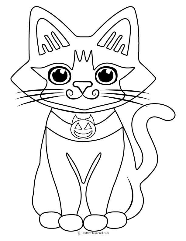 Simple cat with a pumpkin collar coloring page