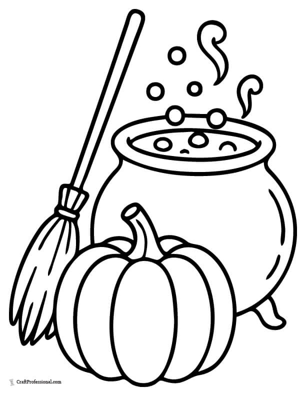 Pumpkin next to a cauldron and broomstick coloring page